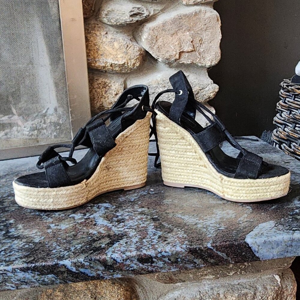 Forever 21 Black Faux Suede Wedge Espadrille Sandals Size 7 - Picture 14 of 16